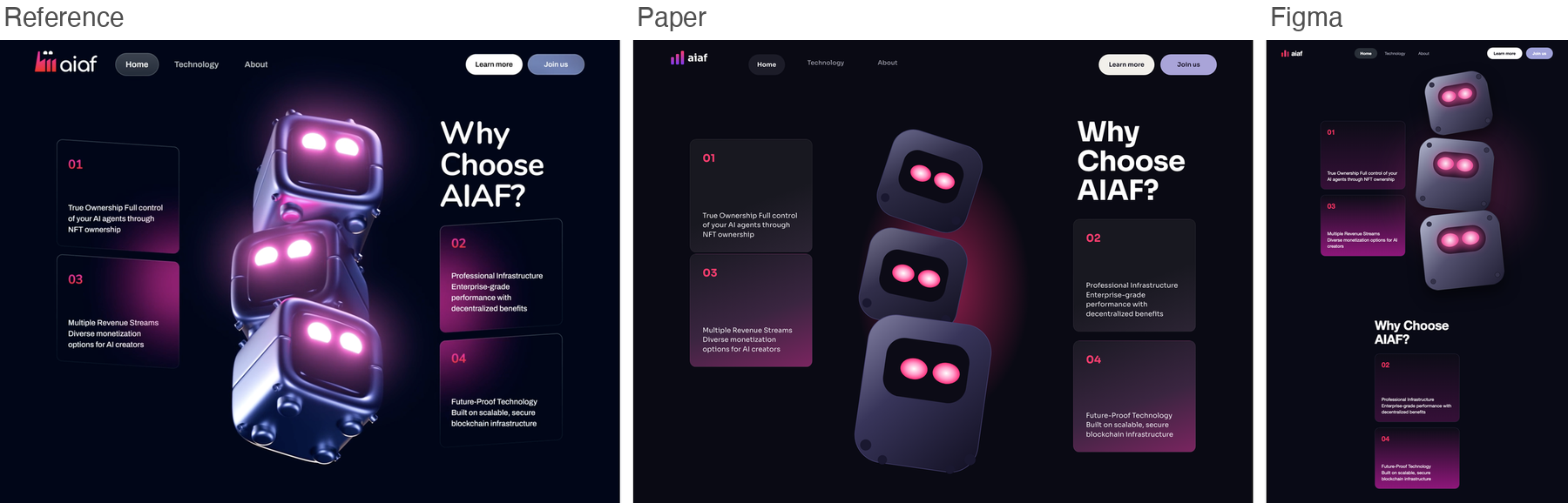 Reference for aiaf, dark landing page with three 3D robot heads, next to Paper's and Figma's best-of-three recreations
