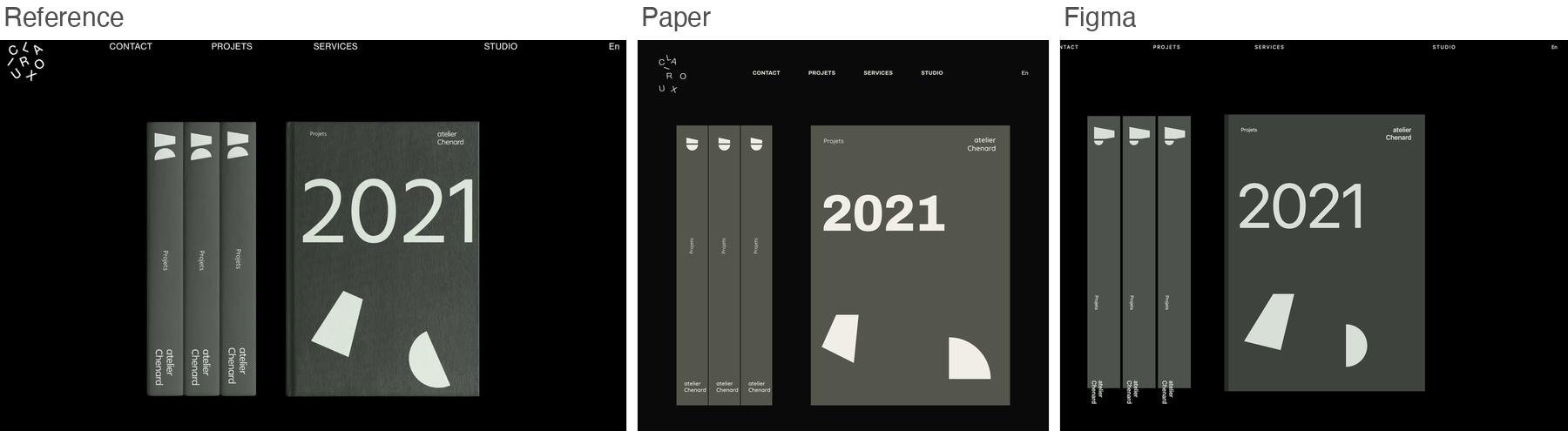 Reference for chenard, dark editorial page with book spines, next to Paper's and Figma's best-of-three recreations