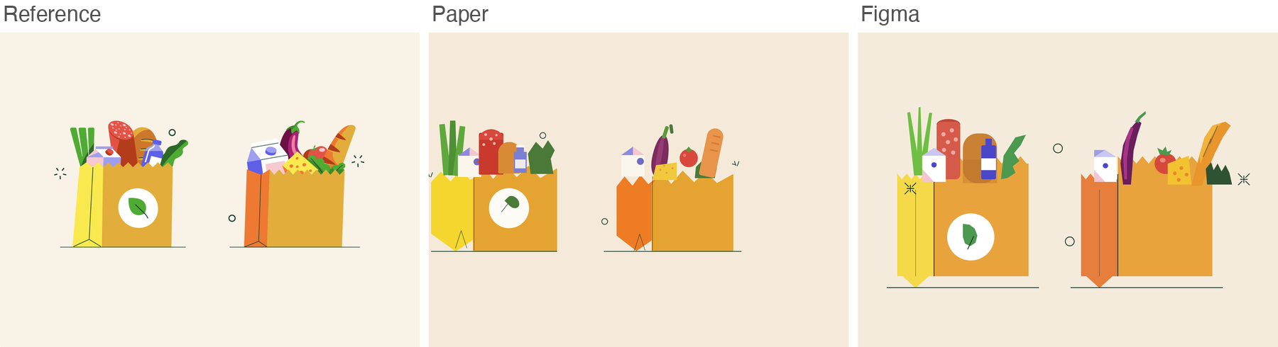 Reference for grocer, flat illustration of grocery bags, next to Paper's and Figma's best-of-three recreations