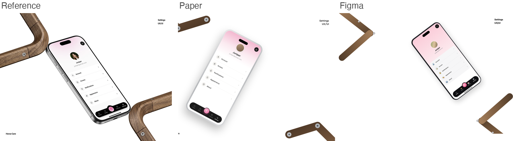 Reference for horsecare, phone mockup on a wooden rail, next to Paper's and Figma's best-of-three recreations