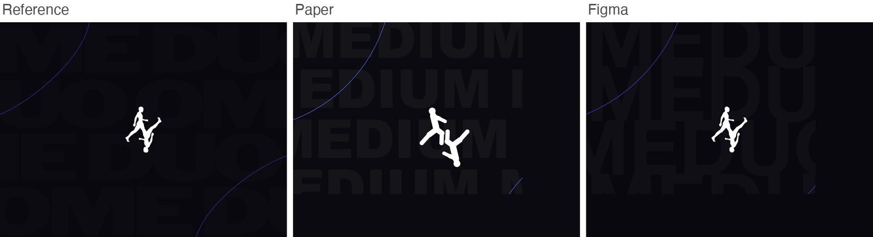Reference for med, dark typographic page with a small athlete figure, next to Paper's and Figma's best-of-three recreations