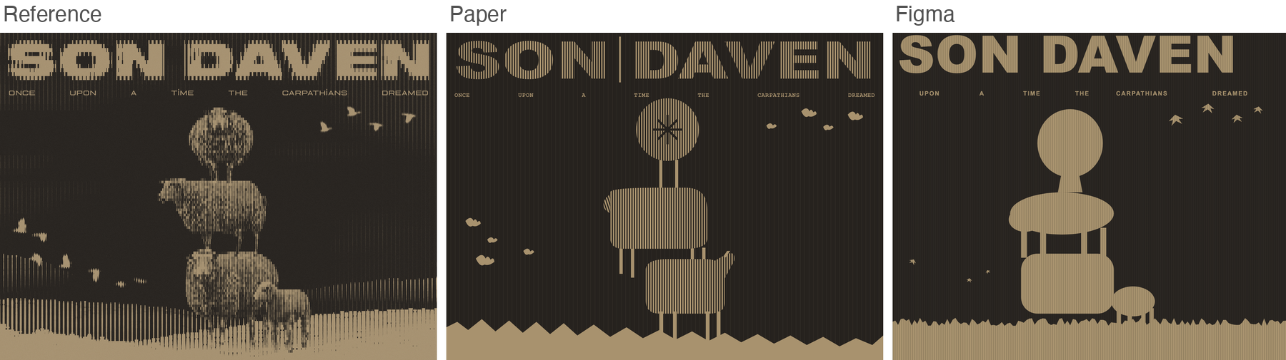 Reference for sondaven, ASCII halftone artwork of stacked sheep, next to Paper's and Figma's best-of-three recreations