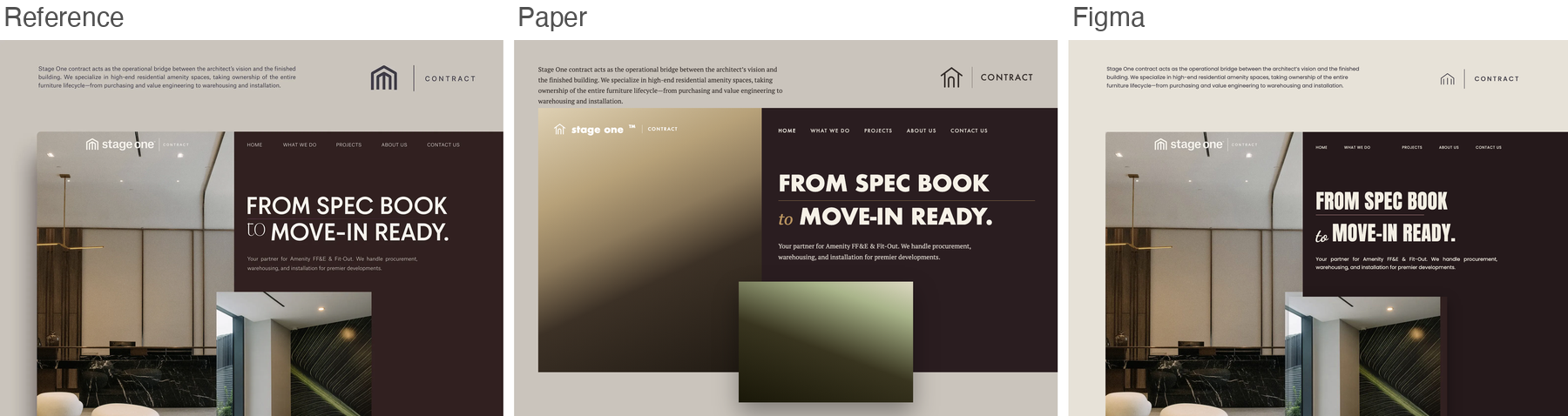 Reference for stageone, editorial split-screen interior page, next to Paper's and Figma's best-of-three recreations