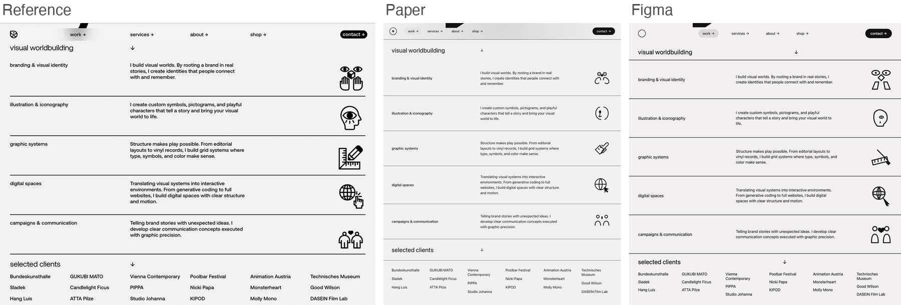 Reference for worldbuild, editorial services table with icons, next to Paper's and Figma's best-of-three recreations