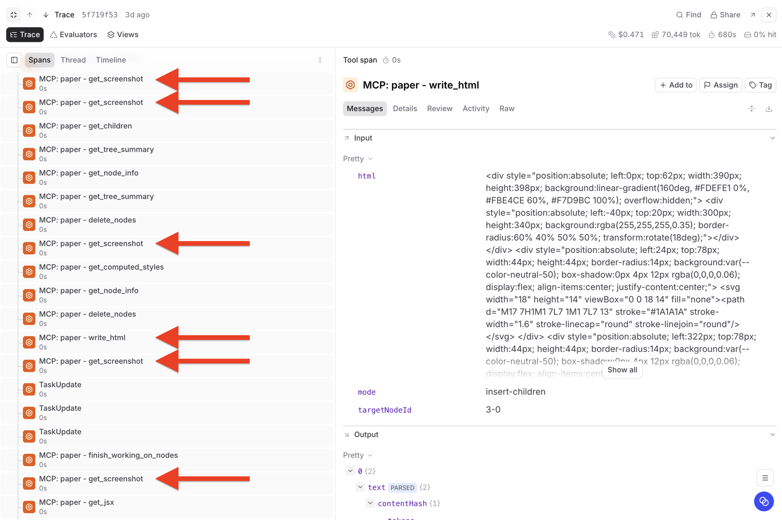 A Braintrust trace of one agent session, showing a span tree of Paper MCP calls. Arrows mark the repeated get_screenshot spans interleaved between write_html, get_node_info, and delete_nodes calls. The detail pane shows a write_html call with inline CSS.